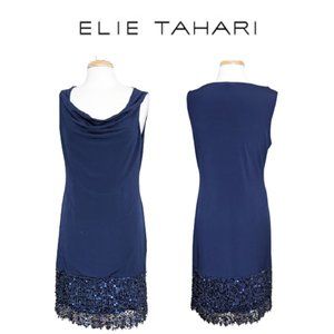 ELIE TAHARI Navy Blue Cocktail Dress w/ Draped Neckline and Lace/Sequined Hem
